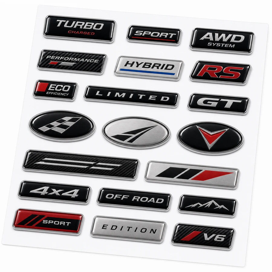 Layout del foglio di produzione di emblemi automobilistici con doming in resina