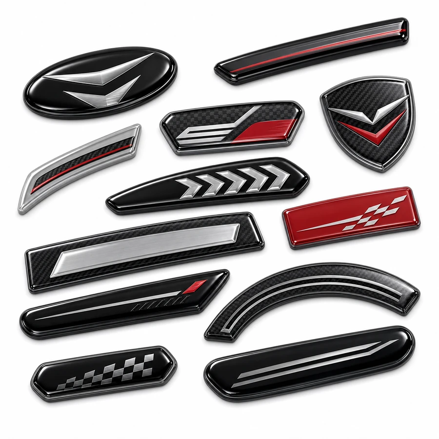 Campione di badge per finiture automobilistiche con rivestimento in resina in rilievo
