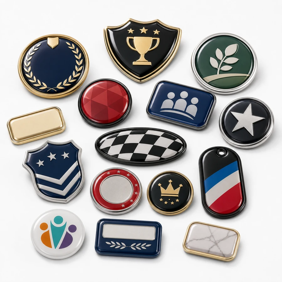 Mixed resin domed event badges and decorative badge samples