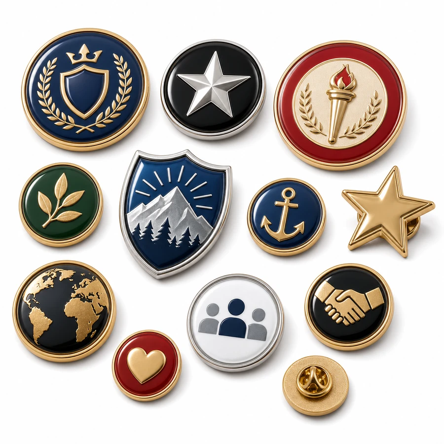 Domed badge samples with raised resin finish