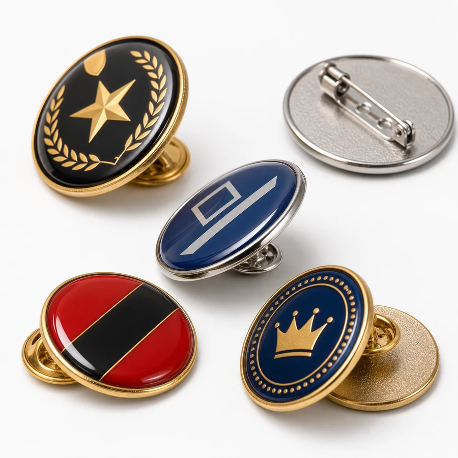 Close-up of resin domed badges with pin backs and raised dome edge