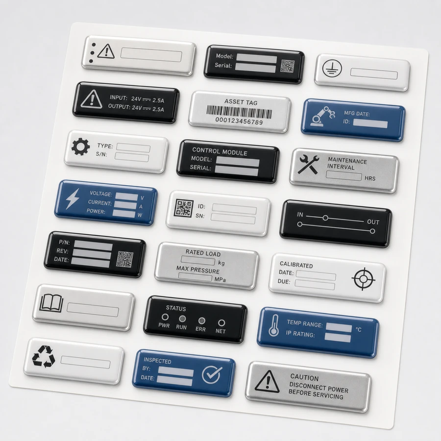 Production sheet layout of resin domed industrial labels and equipment tags