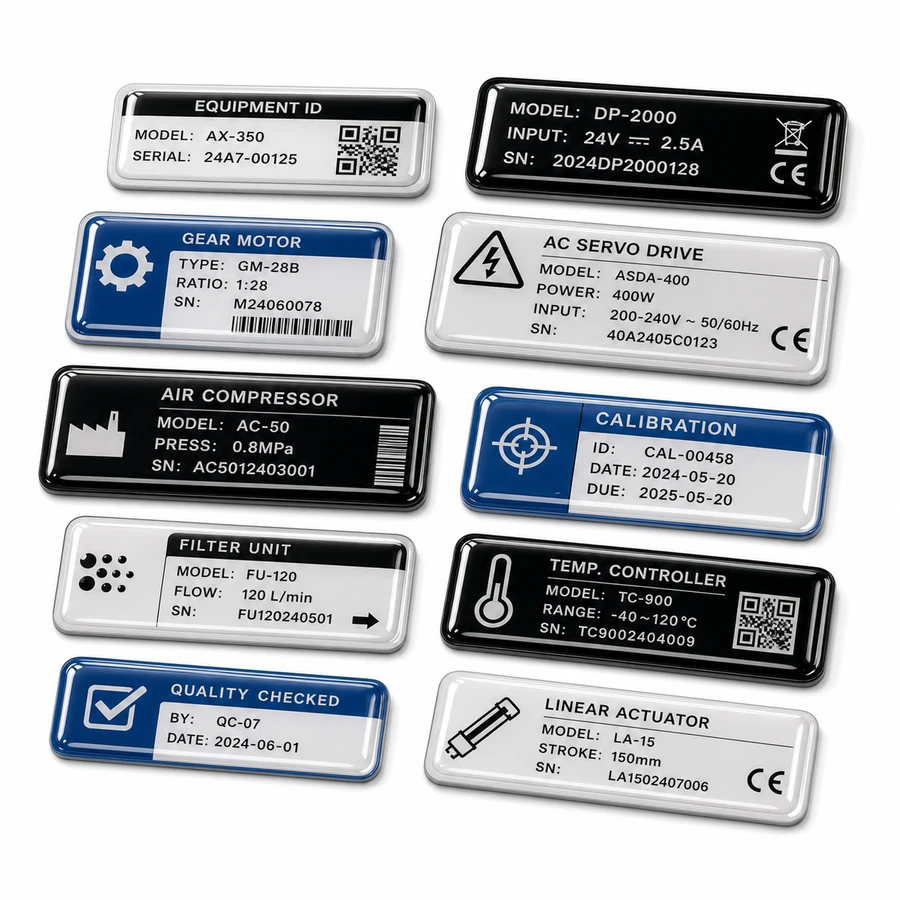 Industrial control panel labels with clear resin dome coating