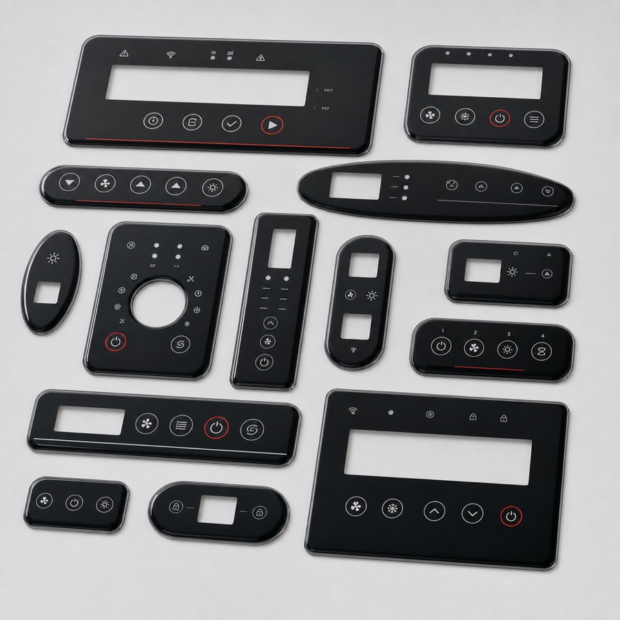 Control panel nameplate samples with clear resin doming