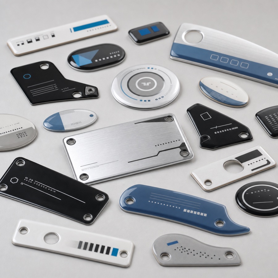 Mixed nameplate shapes with holes and cutouts for CCD vision doming