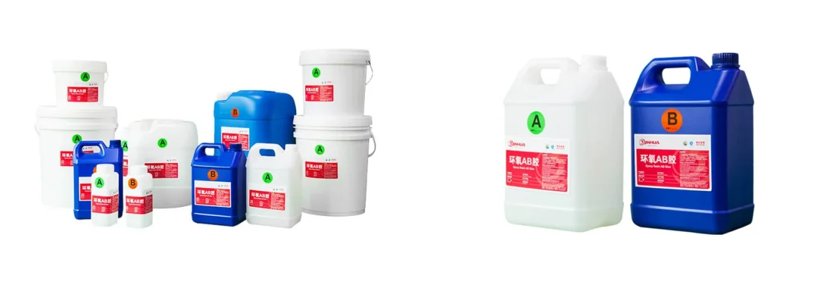 Separate polyurethane and epoxy doming resin component containers