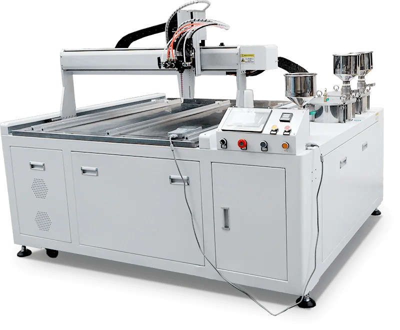Machine automatique 3 axes pour la production répétée d’étiquettes résinées sur feuilles